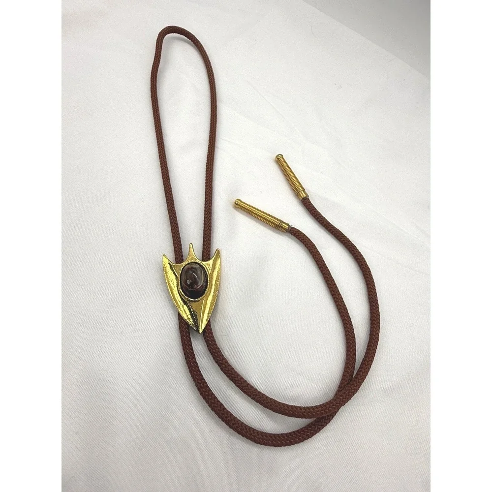 Vintage Gold Arrowhead Bolo Tie Brown Braided Cord Made in USA Western Cowboy